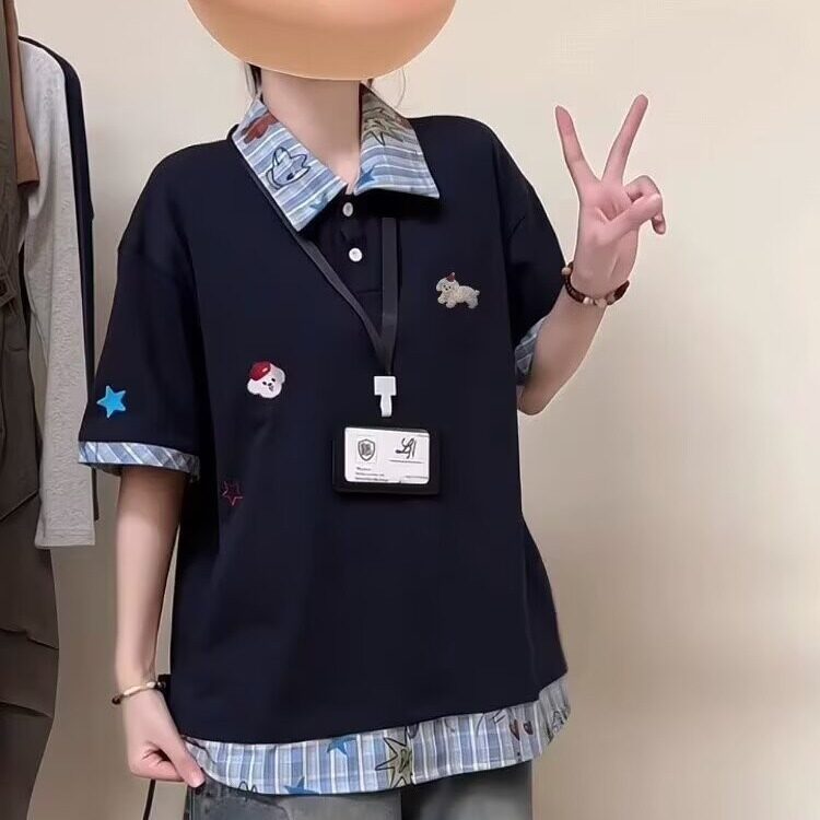 Q381-P34polo领学院风拼接短袖T恤宽松复古慵懒情侣polo衫夏,男装Polo衫,星座911-1