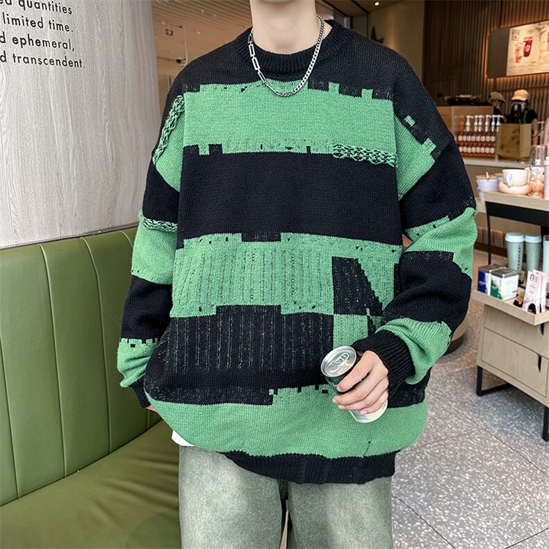 2023秋款男针织衫圆领套头毛衣条纹破洞休闲打底外套M698P40,男装针织衫/毛衣,星座1013-1