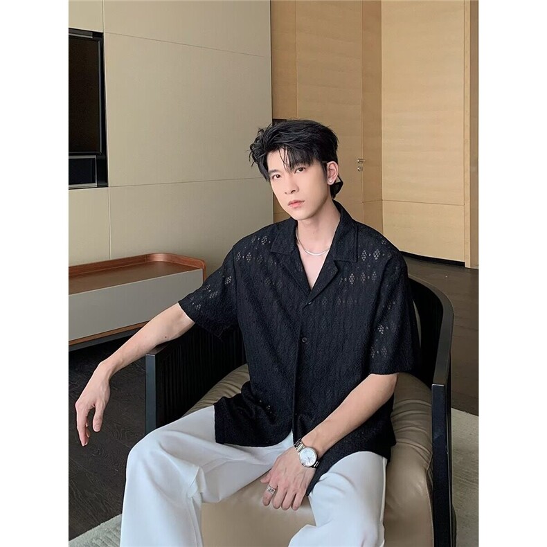 夏季透气痞帅衬衫男生短袖发型师夜店高级感古巴领衬衣夏天情侣衫，男装衬衫，星座506A