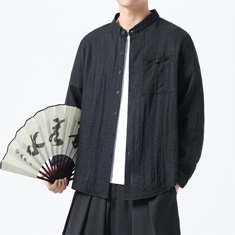 风潮麻混纺纯色双层领大码宽松休闲轻奢百搭长袖男女衬衫,男装衬衫,星座305A（原312A-1）