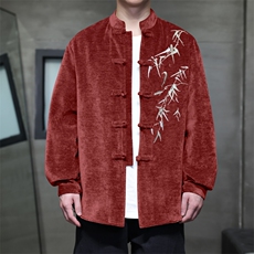 2025新中式竹叶刺绣灯芯绒雪花绒男士开衫中式衬衫CS911-P85控118，男装衬衫，电商A021