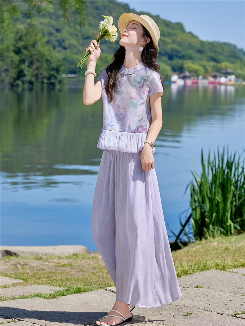 2026年夏季新款复古立领盘扣两件套裤,女装套装/套裙,众宇琦