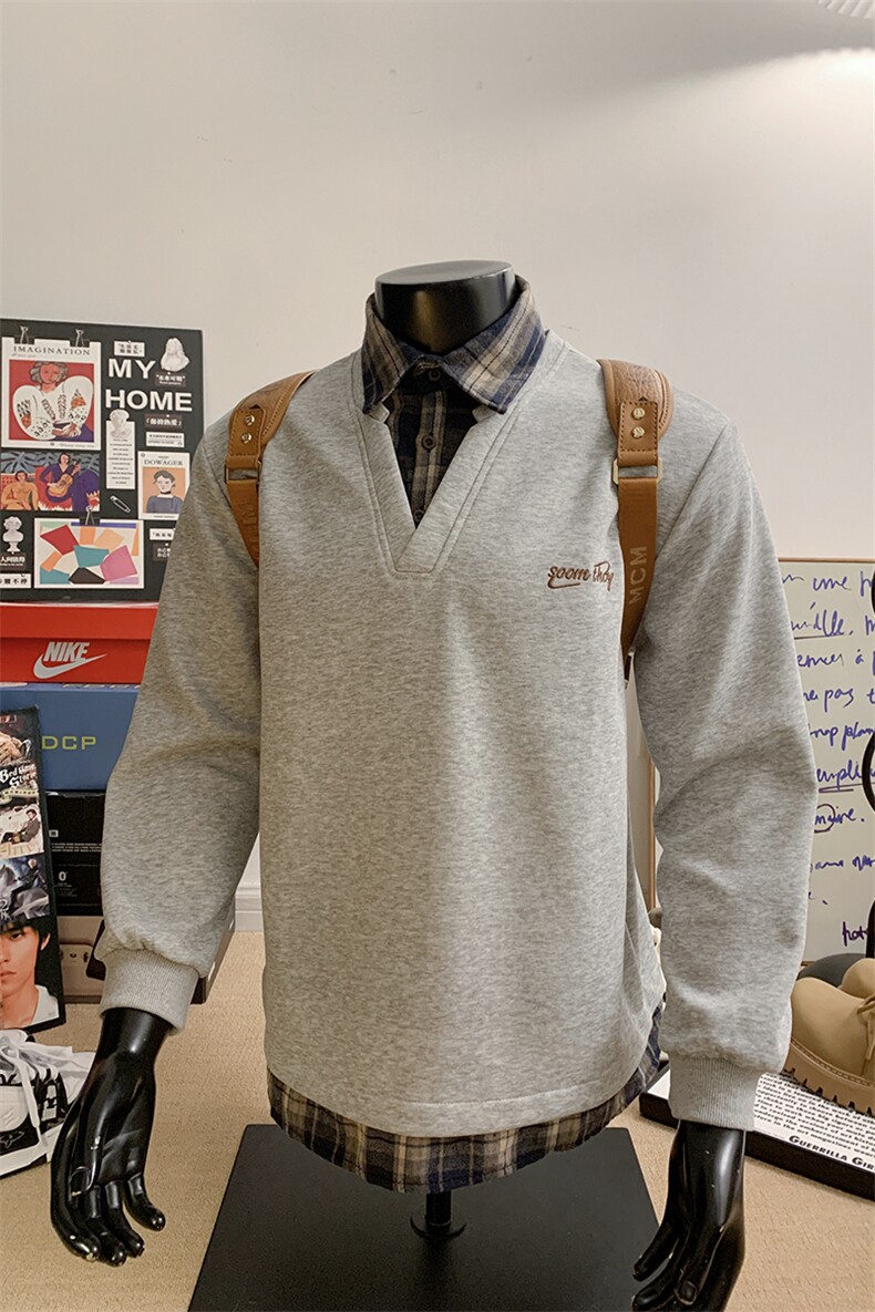 美式ins假两件衬衫领卫衣男学院风上衣外套WY3658-特P38加绒P40,男装衬衫,电商B295