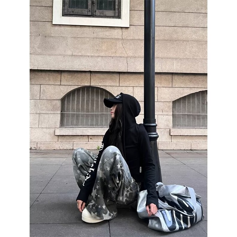 美式工装迷彩阔腿牛仔裤男女春季高腰宽松直筒垂感拖地LA7166-P55,男装牛仔裤,星座1008