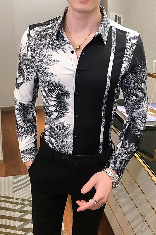 2021春秋男衬衫英伦长袖上衣印花男装韩版修身四季潮流衬衣H840-P55,男装衬衫,星座419（原A233）