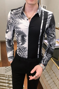 2021春秋男衬衫英伦长袖上衣印花男装韩版修身四季潮流衬衣H840-P55图片
