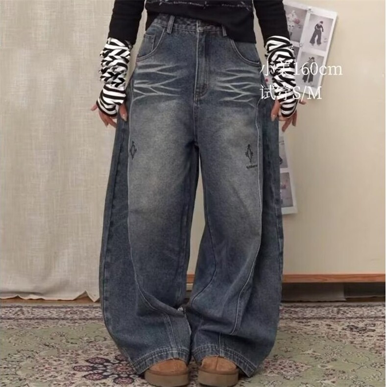 美式高街设计感水洗廊形弯刀裤男女情侣2024秋冬新款慵懒风拖地裤图片