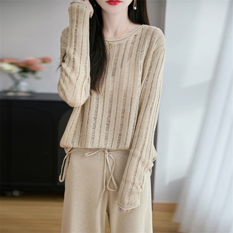 圆领微透竹节麻针织长袖上衣罩衫阔腿裤两件套女宽松时尚亚麻套装，女装套装/套裙，东远绒业