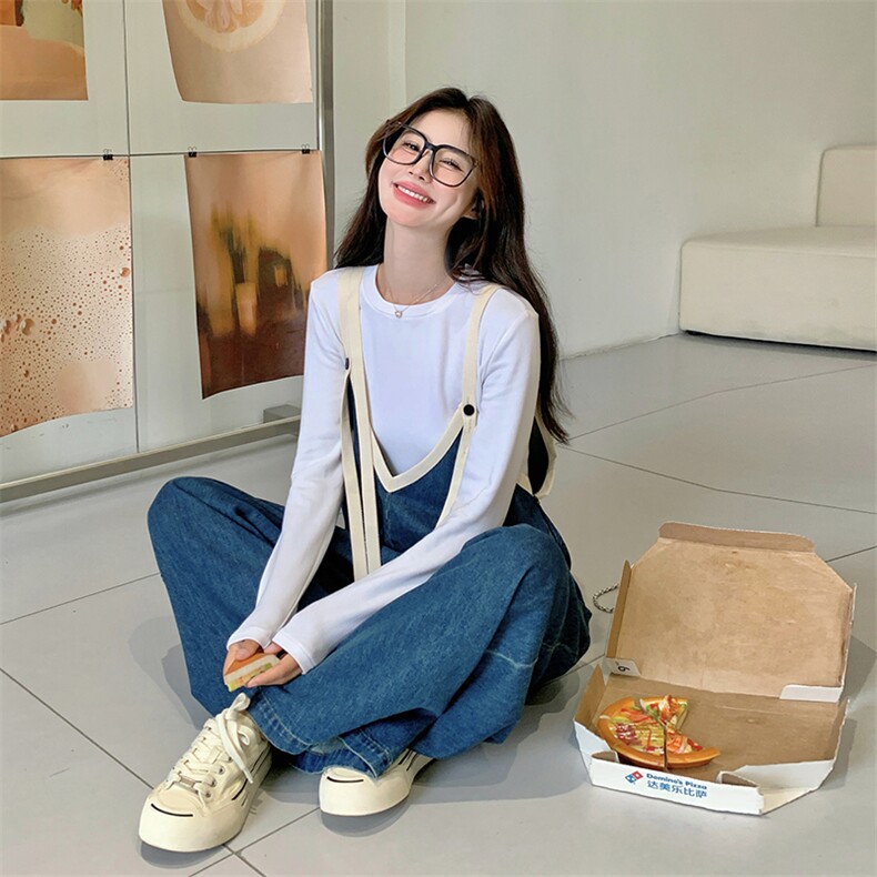 蓝色学院风俏皮减龄牛仔背带裤女春季新款大口袋设计直筒连体裤子,女装牛仔裤,秋水欣儿