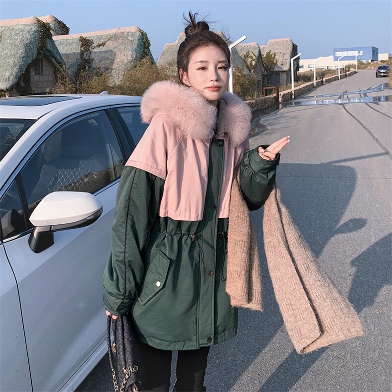 【现货】2025冬季粉色拼接墨绿色连帽派克服2C056-9013-P205控288,女装派克服,2C056