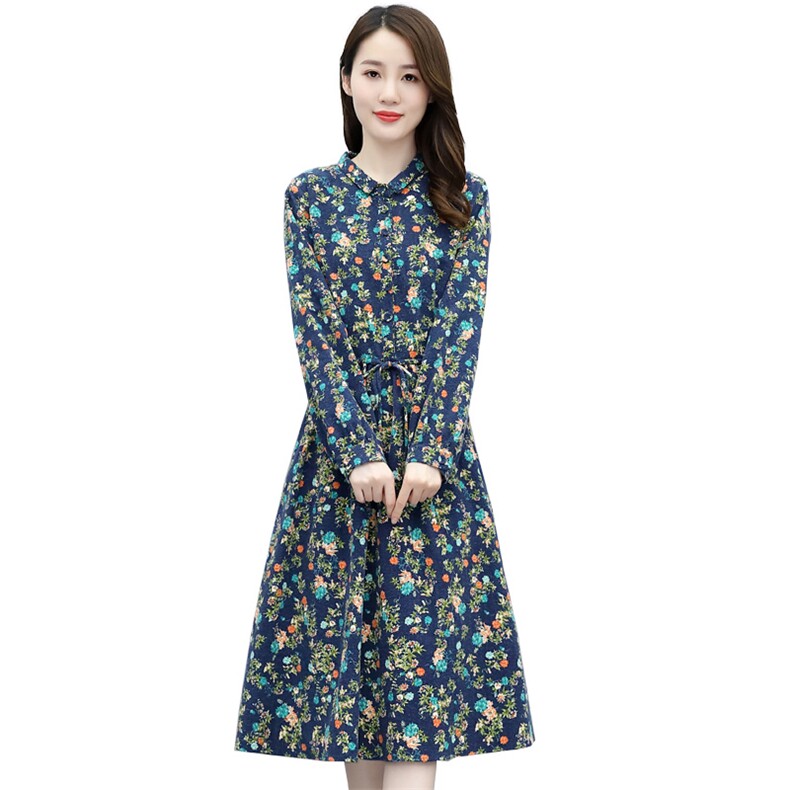 2021欣贝拉新款秋装棉麻连衣裙印花棉麻裙子091,女装连衣裙,欣贝拉