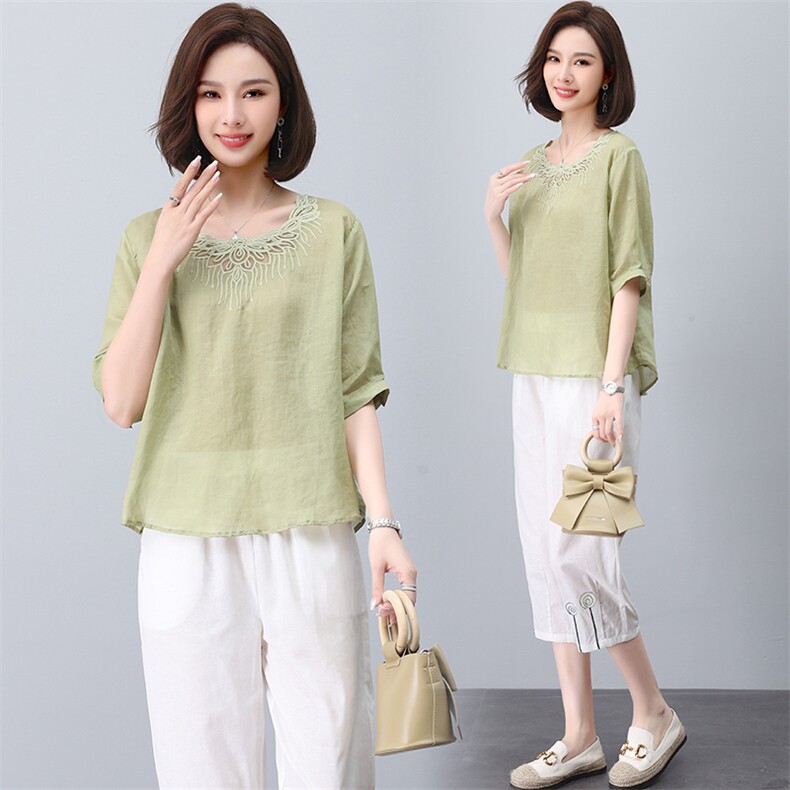 刺绣衬衫女2023年夏季新款时尚宽松中年妈妈夏装气质薄款苎麻上衣，女装大码女装，奕阳依阁