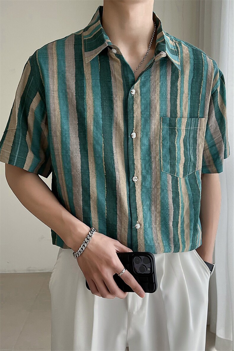 轻熟风夏季印花条纹短袖衬衫男装宽松衬衣休闲TZ95P5078,男装T恤,电商B413