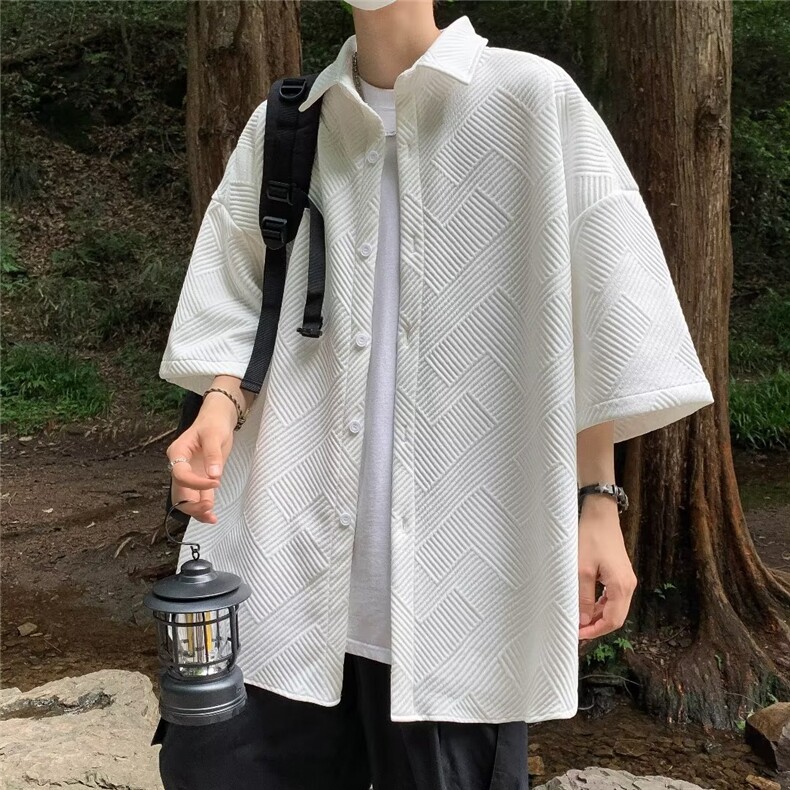 华夫格短袖衬衫男大码夏季男生日系潮牌宽松休闲衬衣5990 P35图片