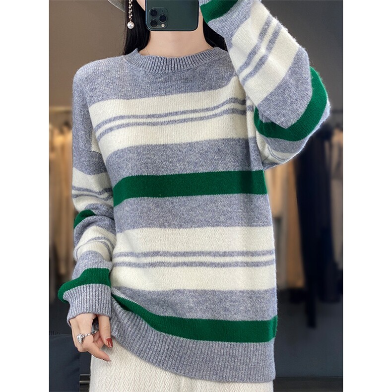 新款条纹撞色圆领针织衫女秋冬新款宽松显瘦纯色羊毛衫,女装羊毛衫,佑昭祥羊绒