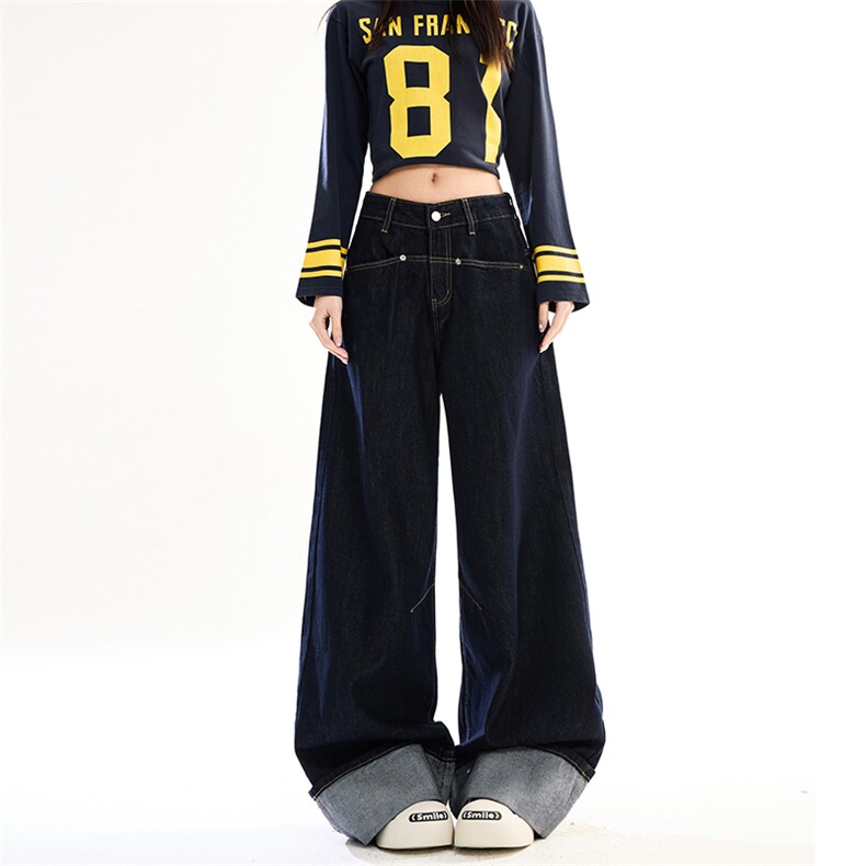 2026春季美式复古卷边裤脚牛仔裤男女宽松显瘦阔腿长裤YD9092-P70,男装牛仔裤,星座509