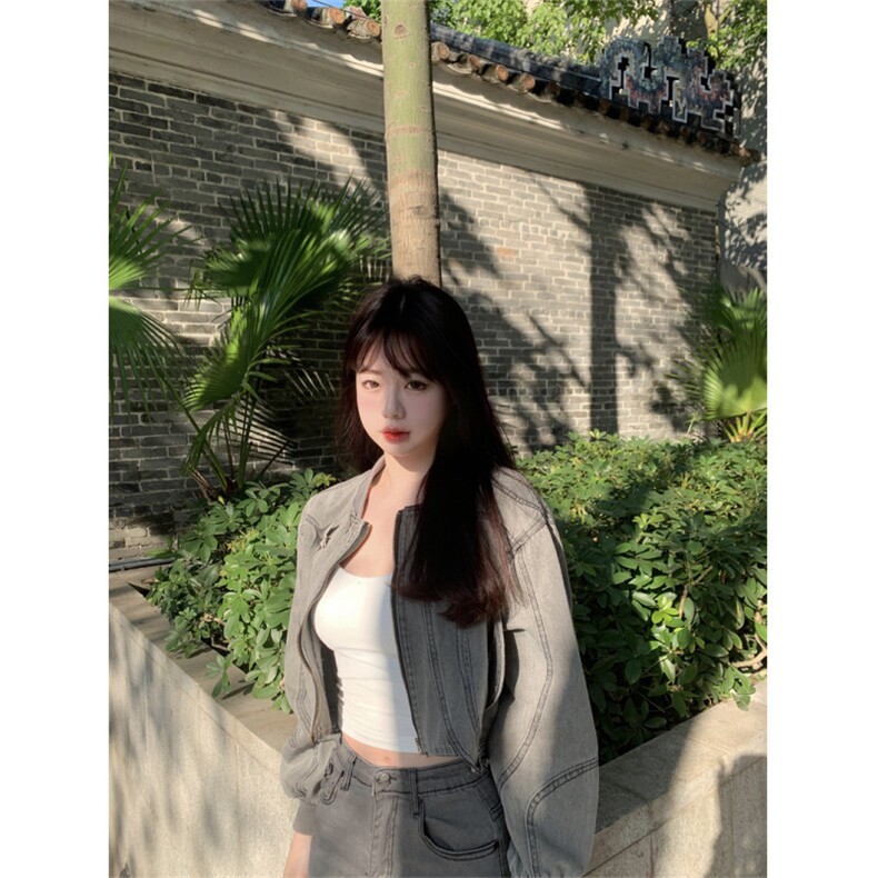 A420-P78弧形下摆短款水洗牛仔外套女新款宽松显瘦小众拉链上衣,男装工装外套,星座911