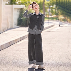 欧货休闲气质套装女2025早秋洋气设计感格纹拼接衬衫阔腿裤三件套，女装套装/套裙，尚娜萱