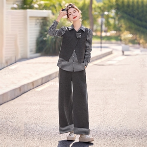 欧货休闲气质套装女2025早秋洋气设计感格纹拼接衬衫阔腿裤三件套图片