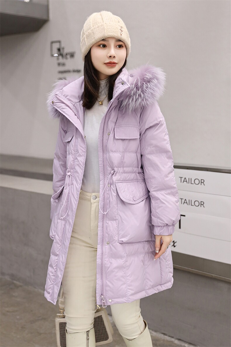 现货可推2025冬季新款大貉子毛领修身显瘦中长款白鸭绒羽绒服女,女装羽绒服,时尚风爆
