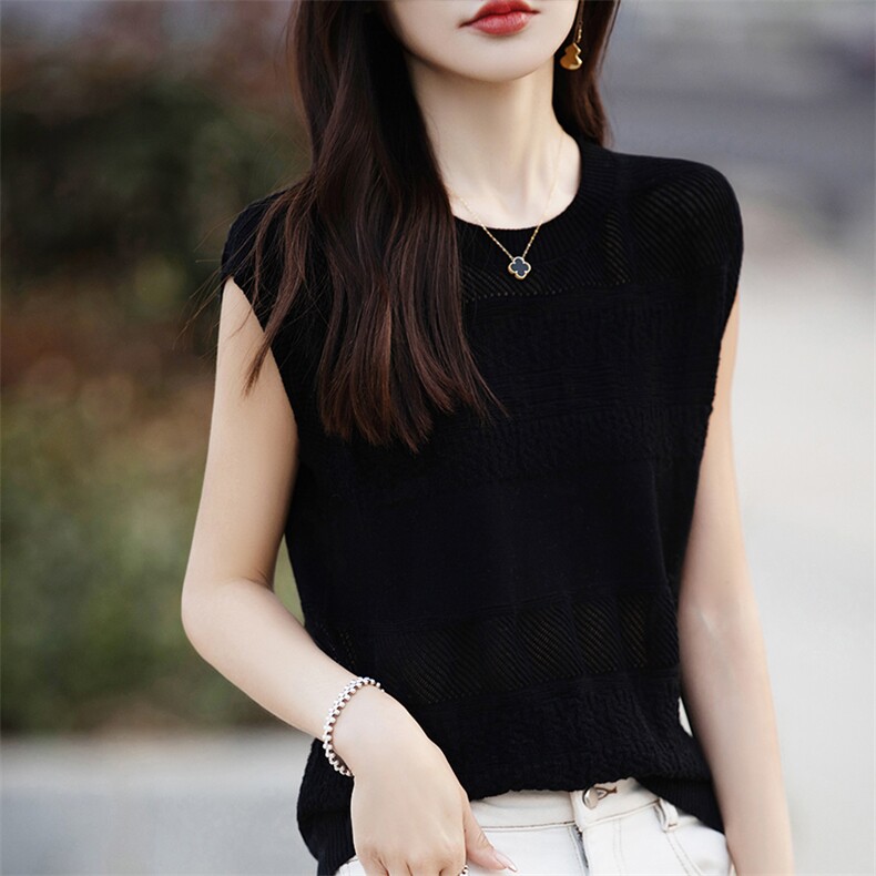 100%纯棉针织短袖女24夏季镂空圆领钩花上衣打底宽松半袖T恤内搭,针织衫/毛衣,郡淞羊绒