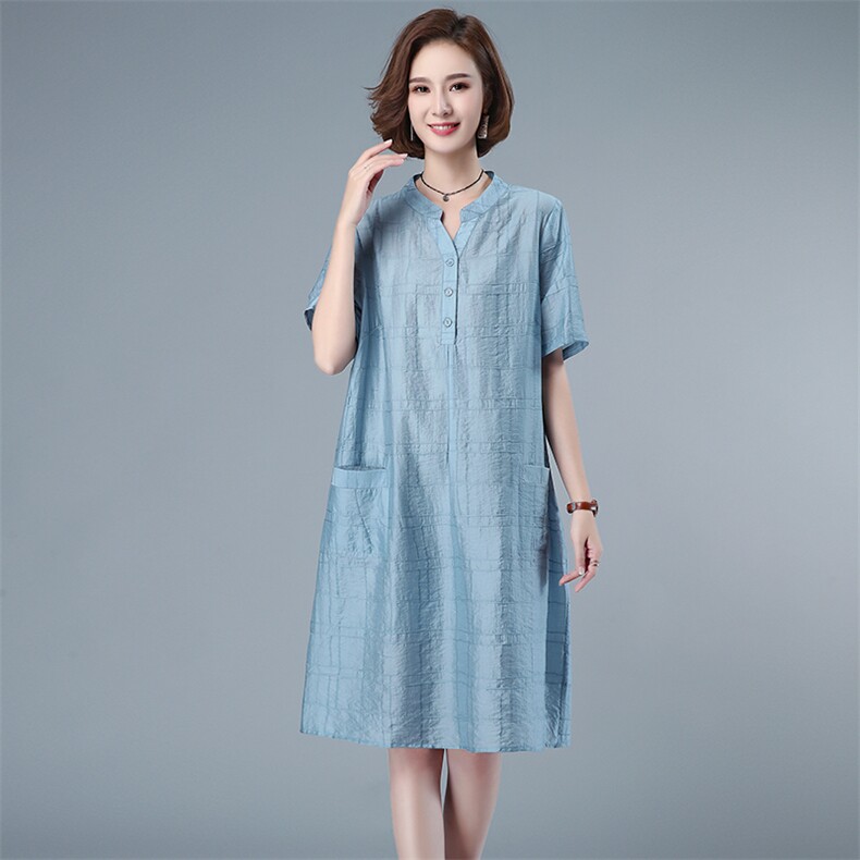 天丝连衣裙女2024夏新款时尚宽松大码中年妈妈薄款直筒中长款裙子,女装连衣裙,独衣靓