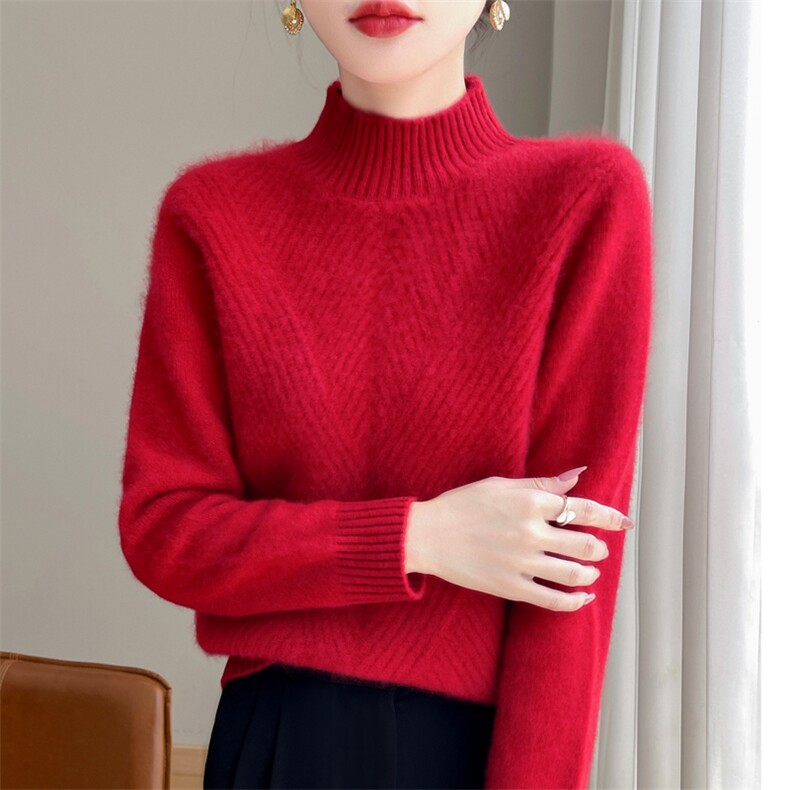 2025秋冬款半高领斜纹提花100%纯羊毛衫女加厚宽松羊绒衫针织毛衣，女装羊毛衫，九嘉羊绒