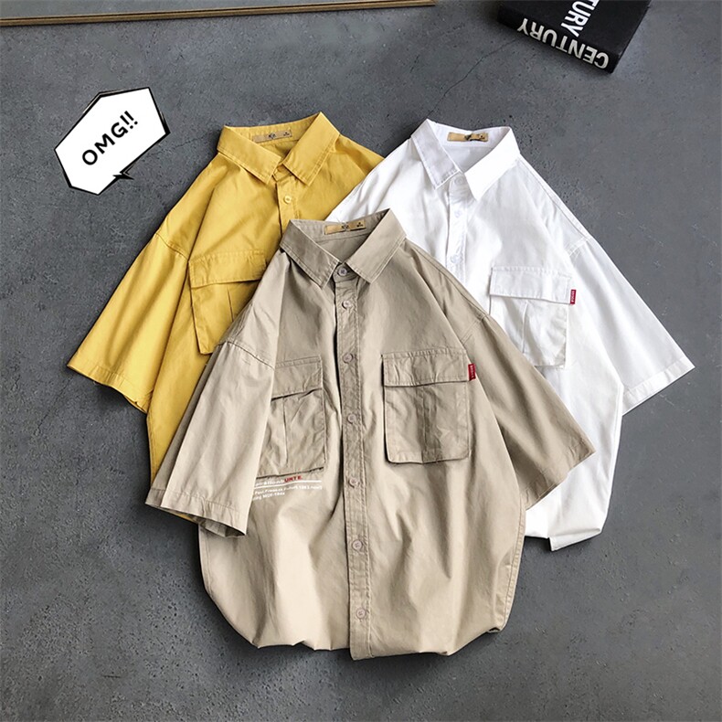 100%棉 港风 2021夏季新款短袖衬衫男中袖五分袖衬衣 CS033图片