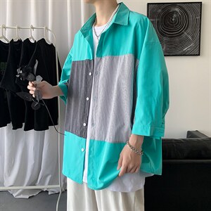 慵懒短袖衬衫夏季韩版潮流衬衣港风日系宽松外套A161-2-CT505-P45,男装T恤,电商A161-2