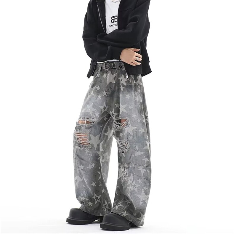 美式高街刀割破洞树叶迷彩工装裤牛仔裤男1001-1-QK55-P60,男装牛仔裤,星座1001-1