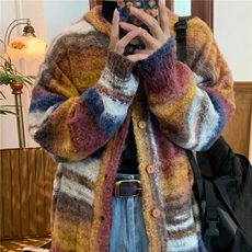 彩色条纹撞色开衫毛衣男女慵懒圆领宽松休闲情侣针织外套SWJ788，男装针织衫/毛衣，星座516A