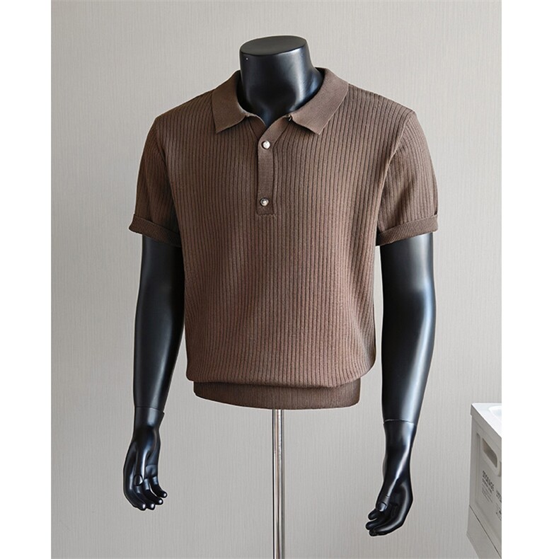 盗图老钱风新贵坑条纹纯色翻领针织短袖POLO衫E77154/P55控78，男装T恤，电商A243