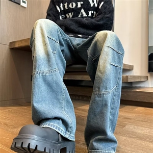 美式复古阔腿牛仔裤男款街头潮牌vibe高街痞帅休闲直筒宽松老爹裤图片