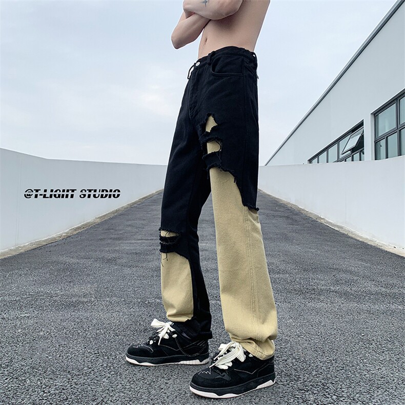 B221美式ins高街暗黑小众情侣个性破洞牛仔裤LK23046-P70控98,男装牛仔裤,电商B221