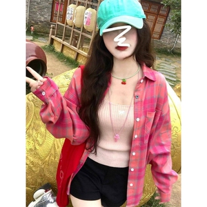 TC773-P45慵懒风百搭格子长袖衬衫女装新款中长款宽松显瘦衬衣