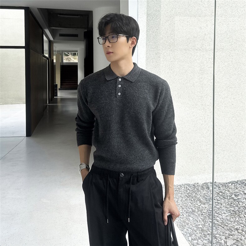 韩系翻领毛衣针织POLO衫 深灰 5081/P88图片