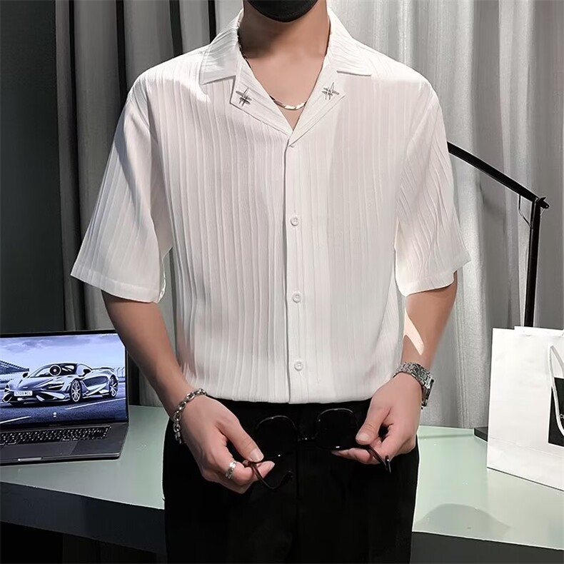 夏季短袖衬衫男潮牌痞帅冰丝半袖衬衣2024新款男士休闲五分袖上衣,男装衬衫,星座1013
