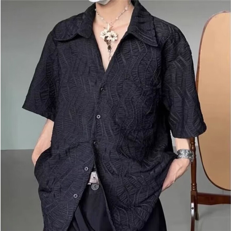 古巴领褶皱免烫衬衫男小众设计提花刺绣宽松休闲开衫外套JCS22，男装衬衫，星座208-5