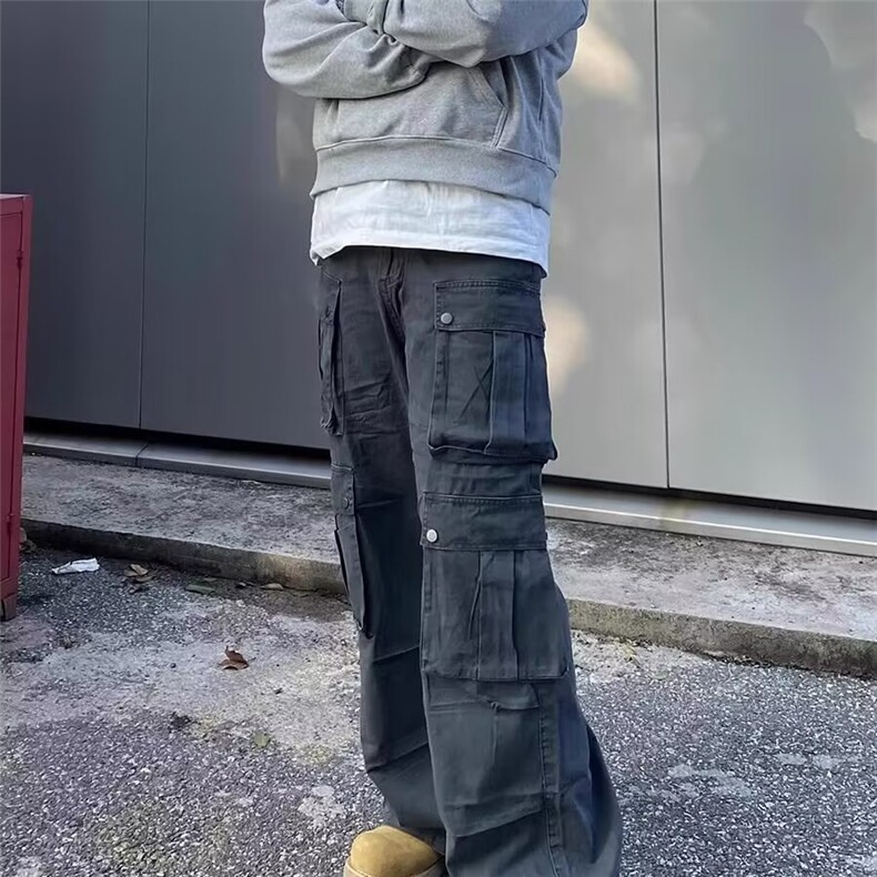 美式复古解构工装休闲裤男女秋季潮牌痞帅阔腿裤高街多口袋微喇裤,男装牛仔裤,星座506A
