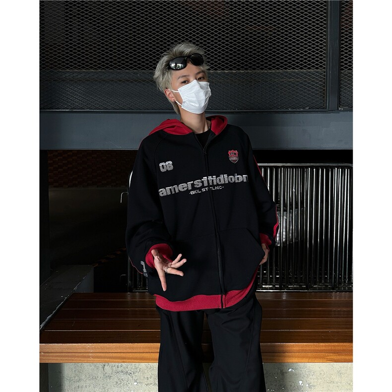 美式复古三条杠织带撞色拉链连帽卫衣男女秋季潮牌情侣开衫Y746,男装卫衣,星座506