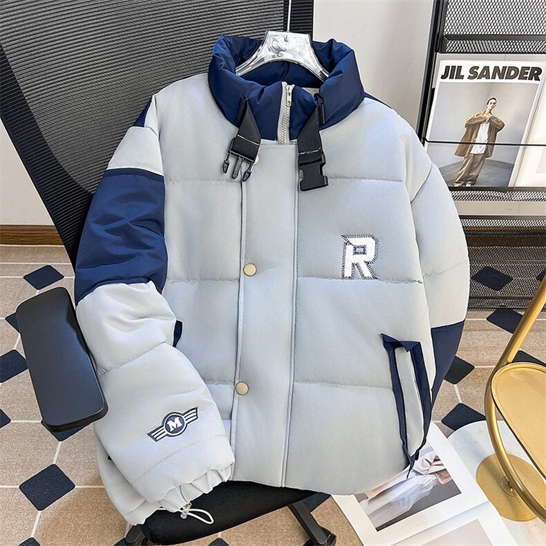 1506-1/M5221/P78冬季潮牌宽松立领拼色棉服男女日系复古情侣时尚图片