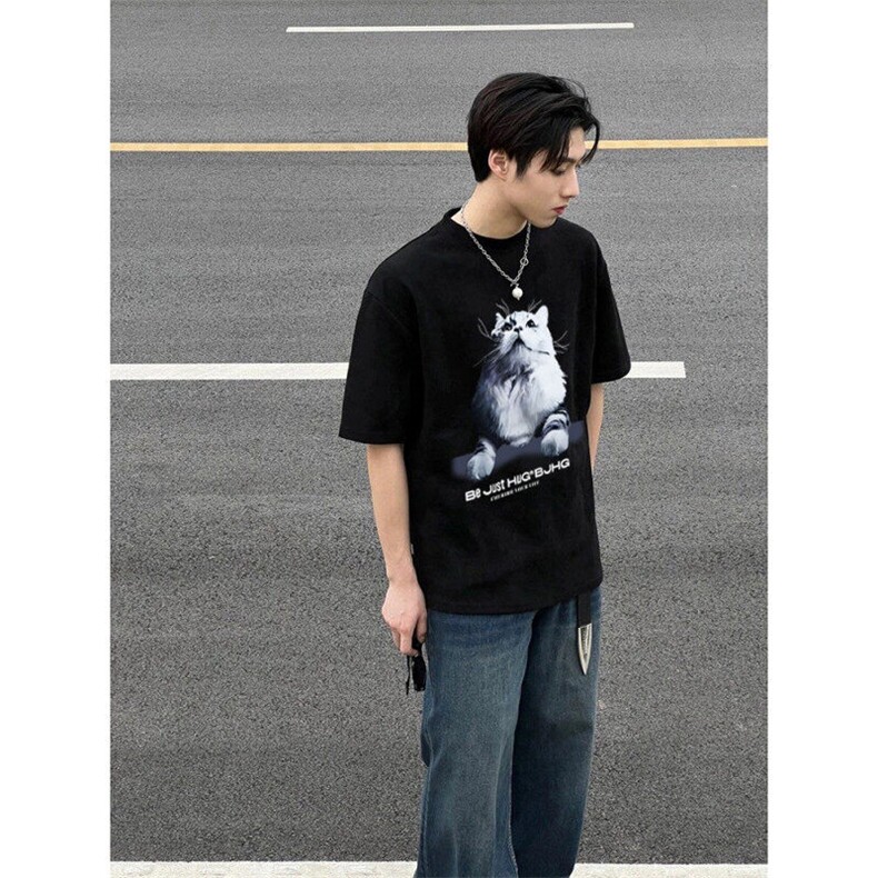 黑色猫咪印花落肩短袖男美式潮牌重磅纯棉t恤cleanfit情侣装半袖,男装T恤,星座809A(原222-1)