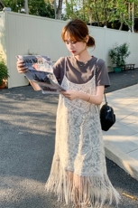 韩版淡人慵懒风连衣裙套装女2025夏季新款T恤裙流苏罩衫两件套装，女装套装/套裙，浪娴服饰