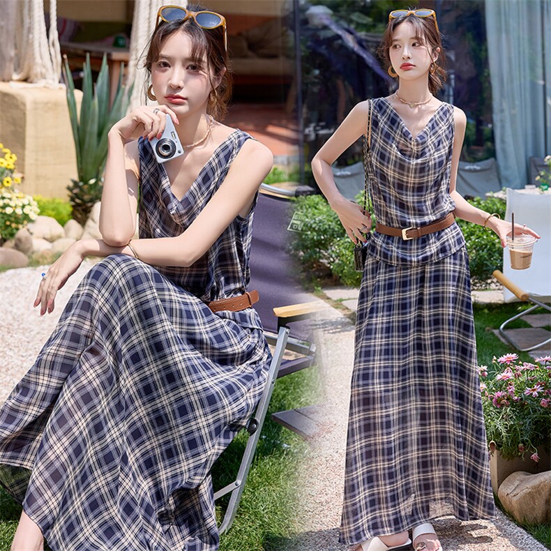 法式复古格子套装裙女2025夏新款气质荡领背心上衣半身长裙两件套图片