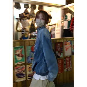 复古水洗牛仔夹克休闲个性情侣半拉链宽松工装立领上衣男女款图片