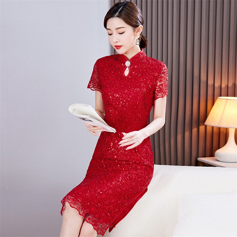 2025春夏季新款绣品蕾丝喜婆婆修身中长款婚礼旗袍连衣裙,女装汉服/婚纱/旗袍/礼服,小荷流