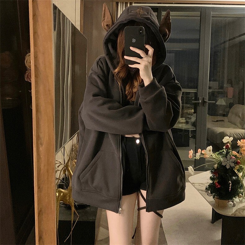 A440-P108美式复古连帽加绒卫衣外套男女冬季新款耳朵棉开衫外套,女装短外套,星座911
