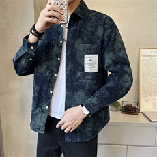 新款牛仔长袖衬衫男蓝色个性扎染印花工装外套C2401-P105，男装衬衫，电商A237