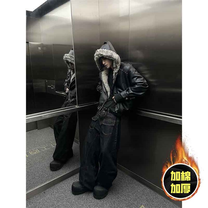 现货冬季美式潮牌痞帅PU皮机车服棉衣毛毛绒狼王座山雕皮棉服,男装棉衣,电商A486