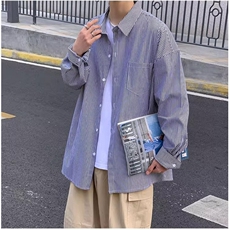 日系小清新条纹长袖衬衫男女款港味ins潮流宽松情侣竖条长袖衬衫，男装衬衫，星座506A